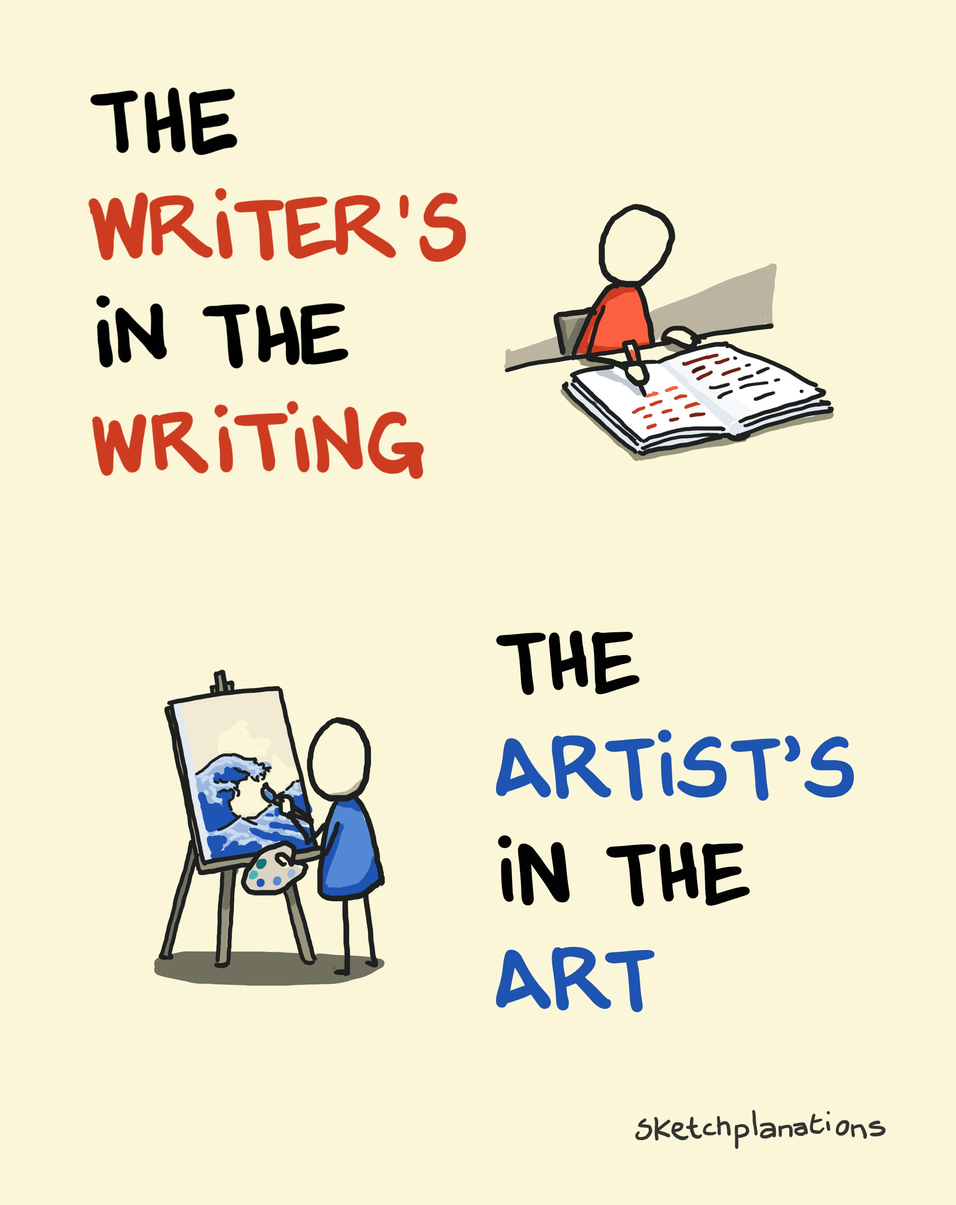 The writer's in the writing, the artist's in the art visual showing a red writer writing red words in a book, and a blue painter painting a canvas of The Wave in blue